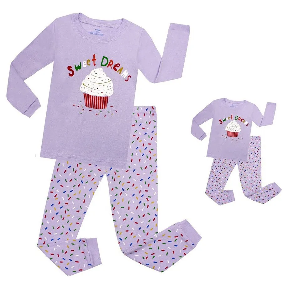 Elowel Cupcake Matching Girls & Doll 2 Piece Pajama Set 100% Cotton (Size 2-12 Years)