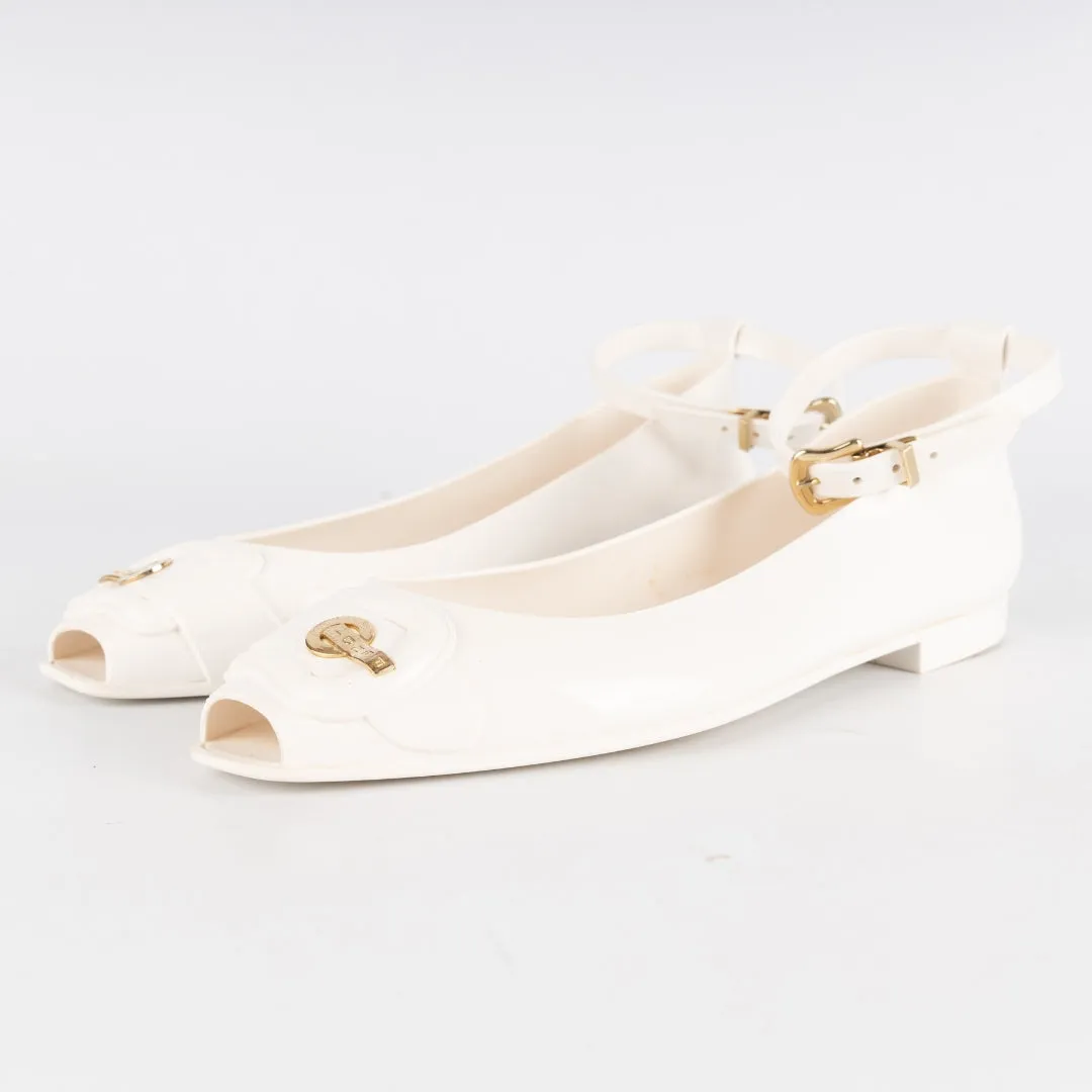 Fendi White Jelly Peep Toe Ankle Strap Ballet Flats