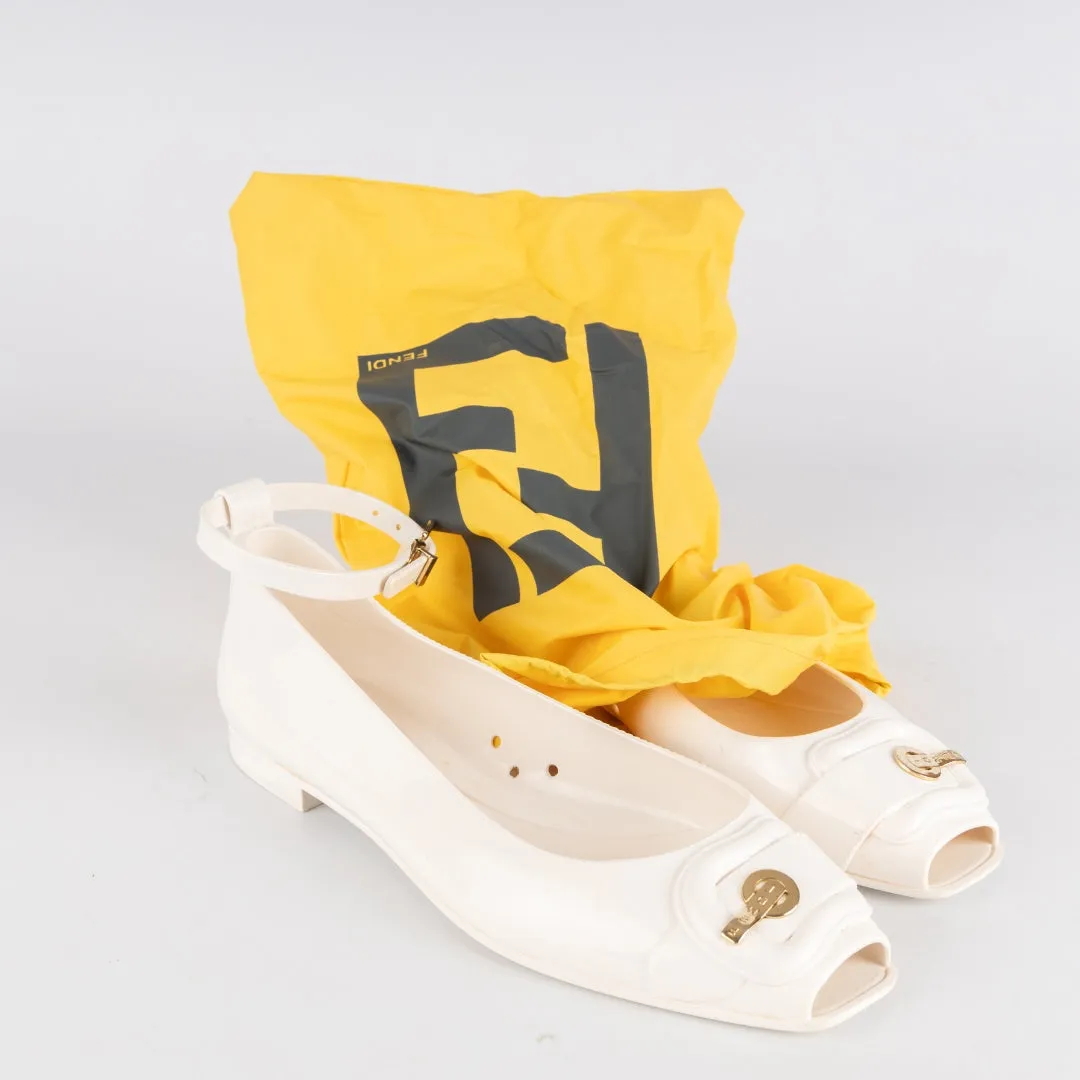 Fendi White Jelly Peep Toe Ankle Strap Ballet Flats