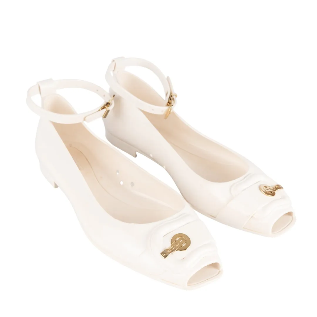 Fendi White Jelly Peep Toe Ankle Strap Ballet Flats