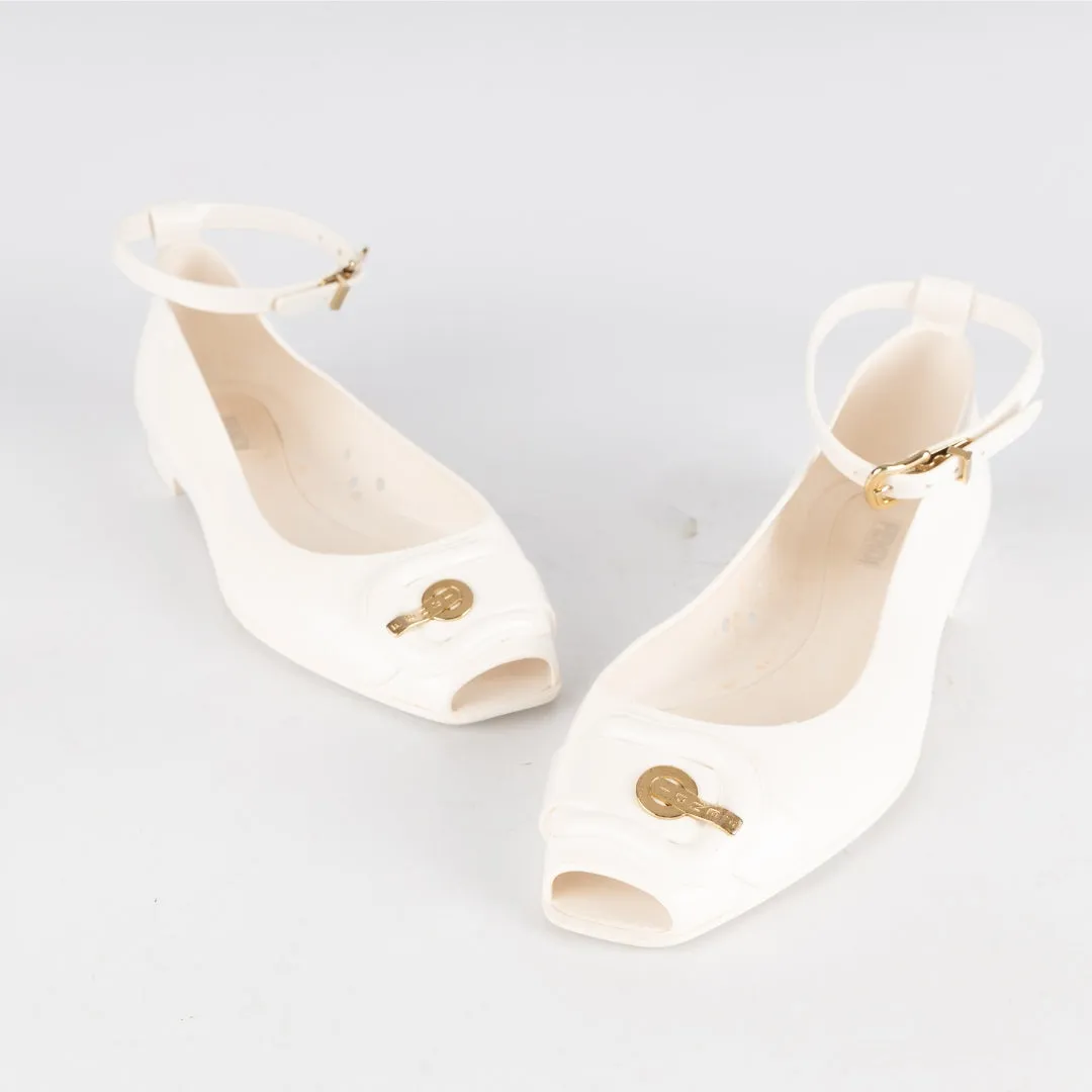 Fendi White Jelly Peep Toe Ankle Strap Ballet Flats