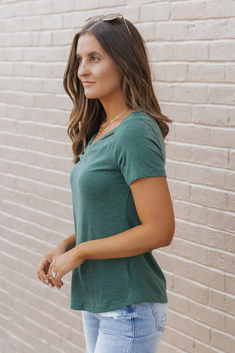 Green V Neck Slit T-Shirt - FINAL SALE