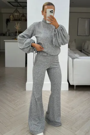 Honey grey high neck tie sleeve flared trouser loungewear set