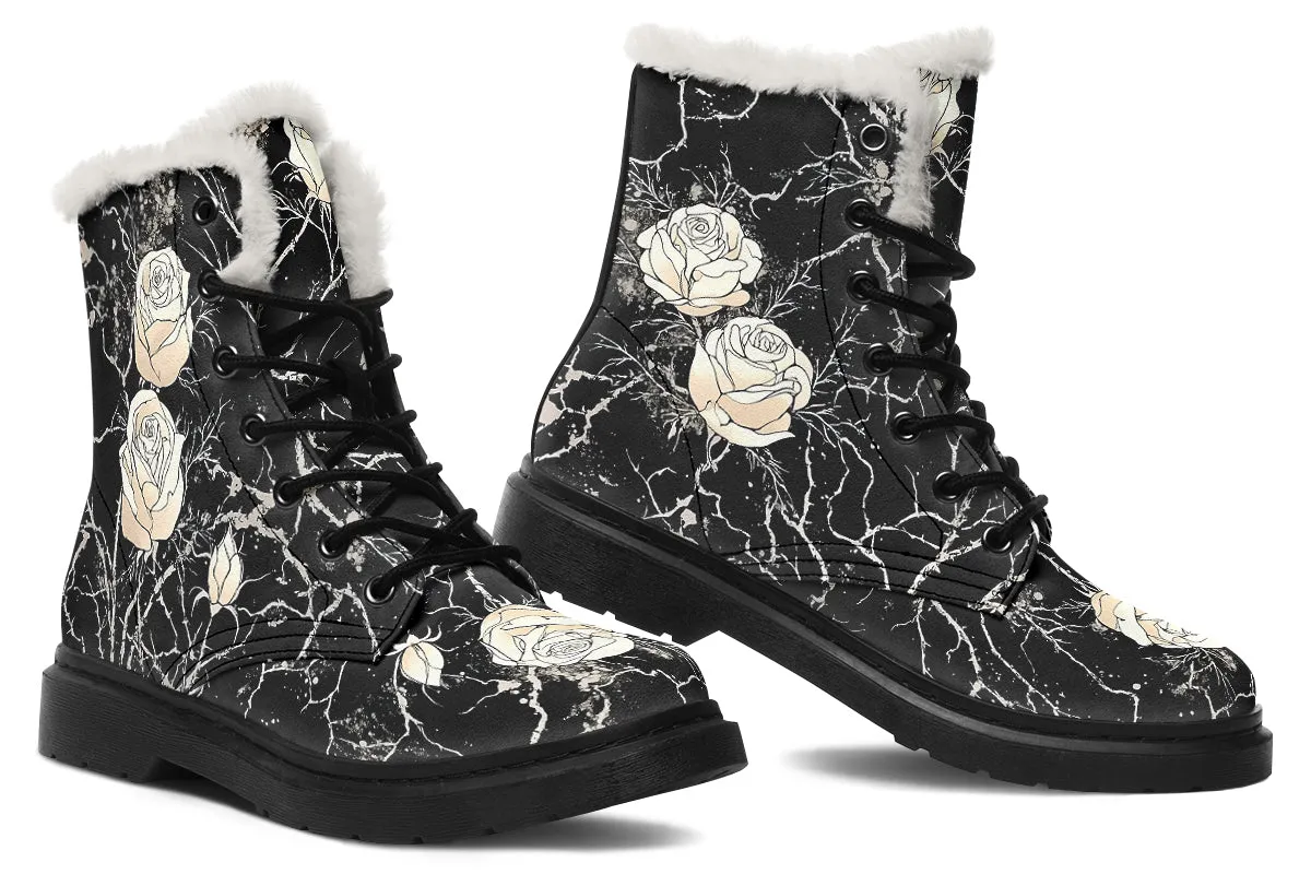 Ivory Kintsugi Rose Winter Boots - Warm Micro-Suede Doc-Style Boots Lined with Vegan Wool