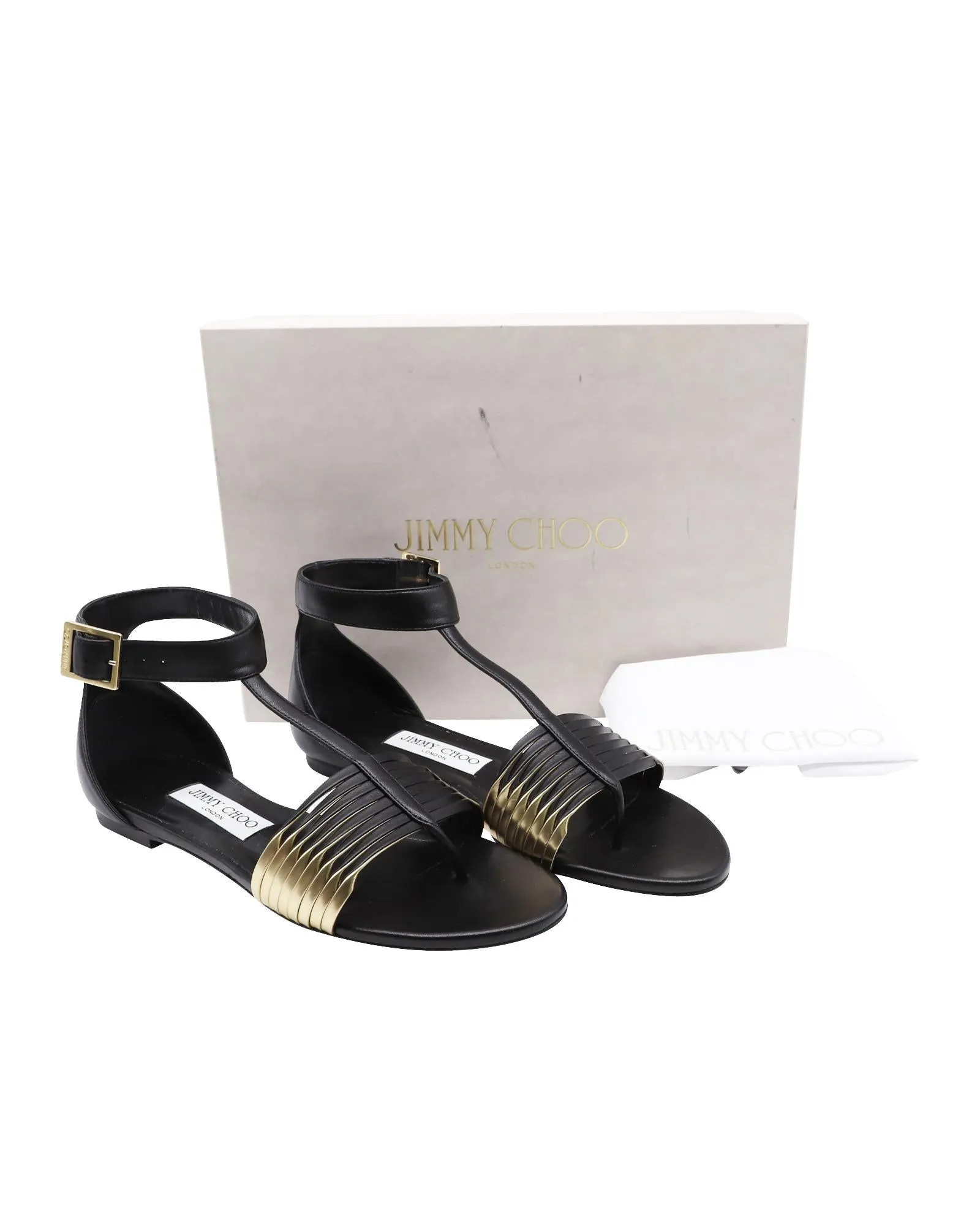 Jimmy Choo Ladle Flat Sandals in Black and Gold Leather