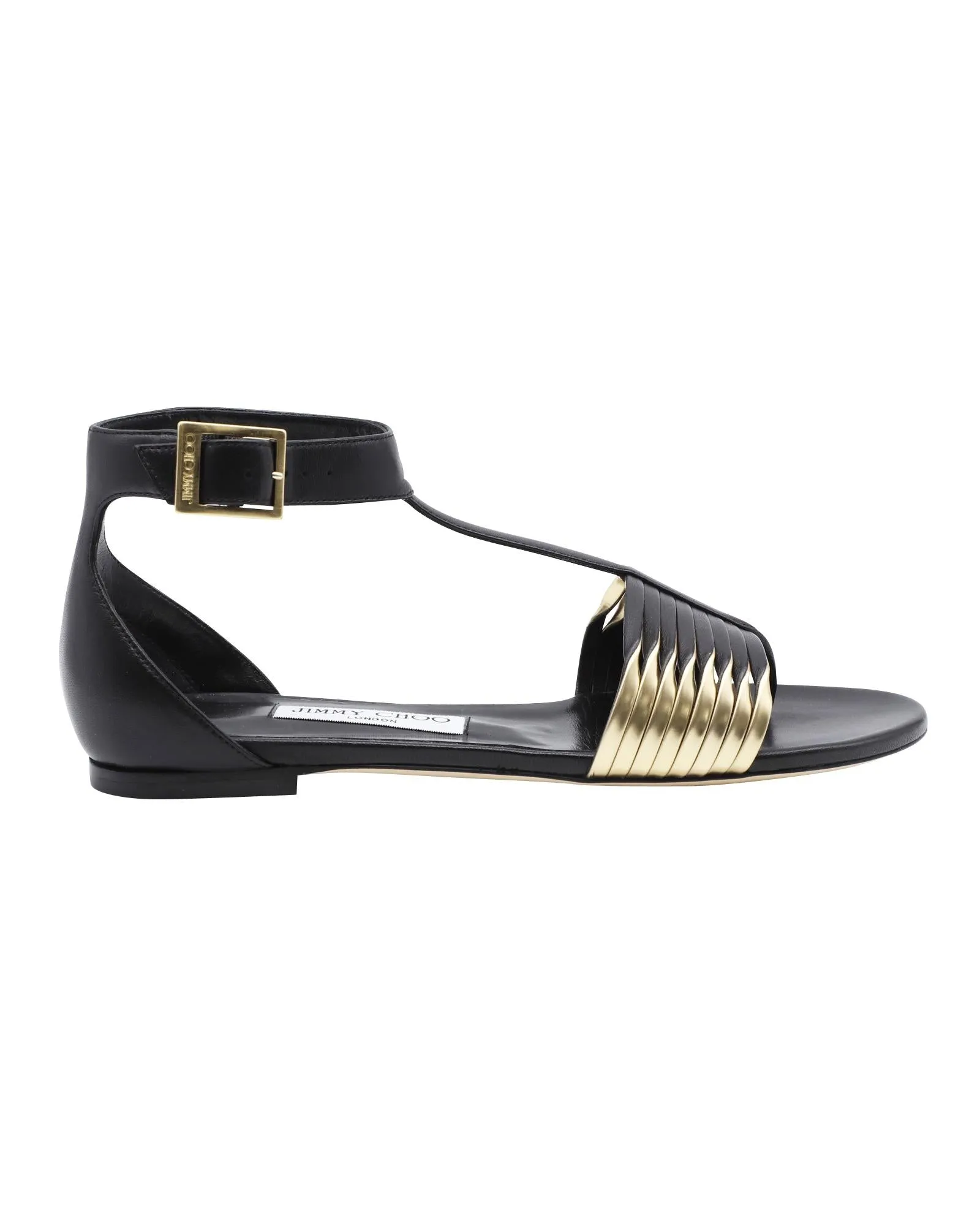 Jimmy Choo Ladle Flat Sandals in Black and Gold Leather