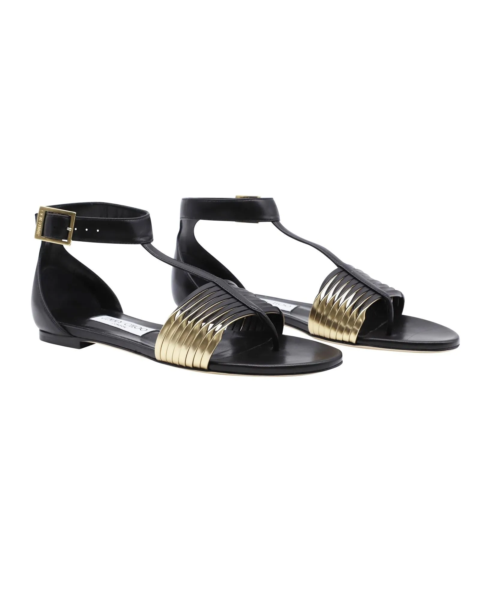 Jimmy Choo Ladle Flat Sandals in Black and Gold Leather