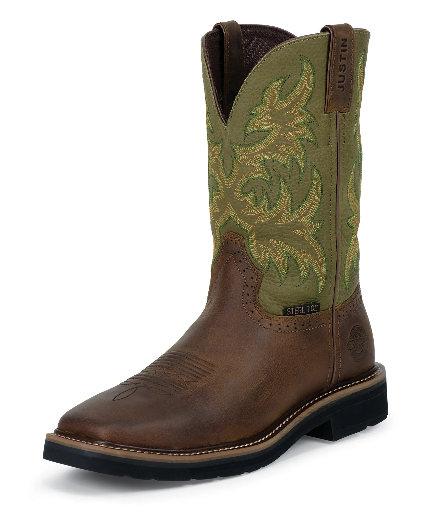 Justin Mens Green Cowhide Leather Work Boots 11in Stampede Steel Toe