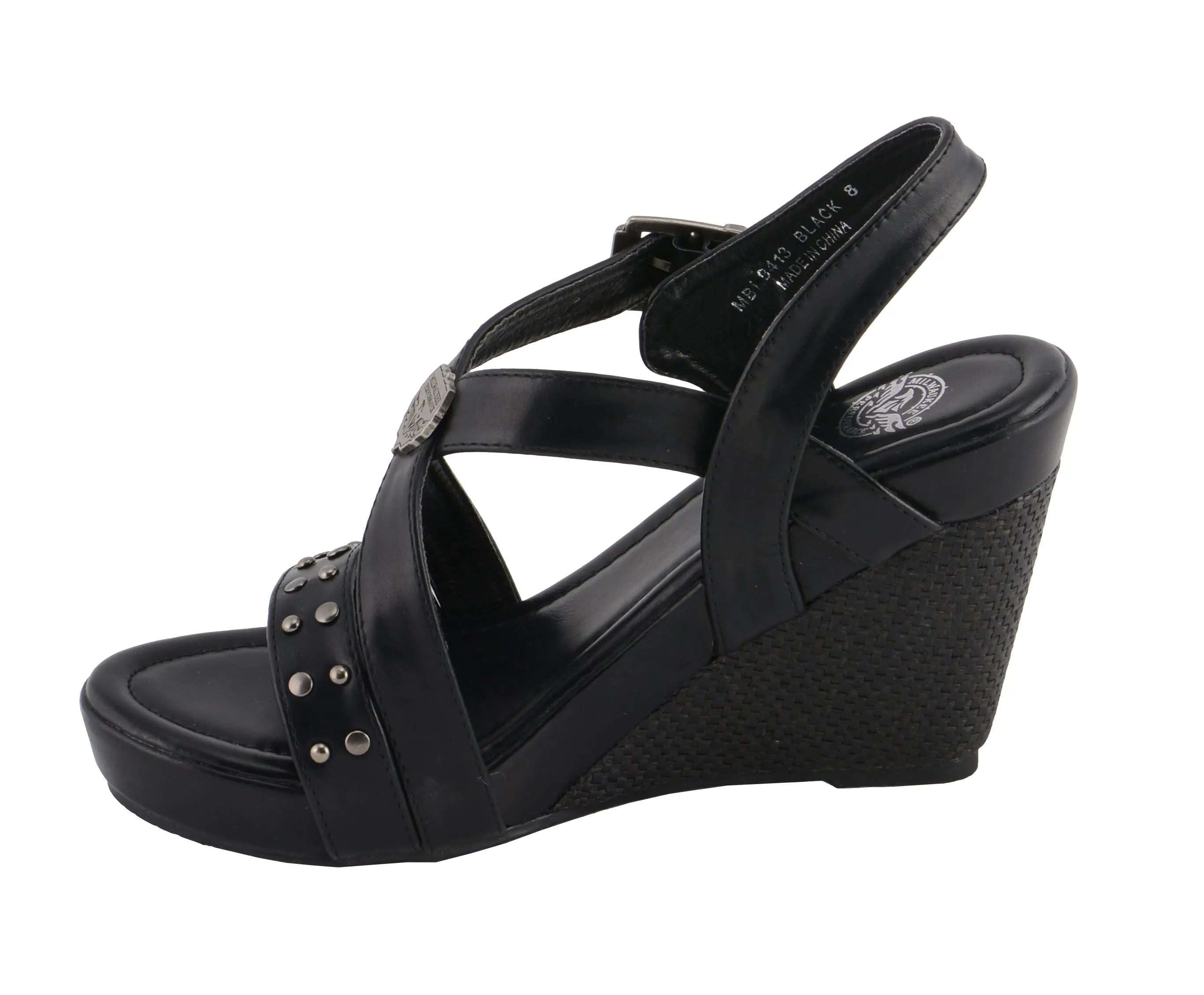 Ladies Triple Strap Studded Wedge Sandal