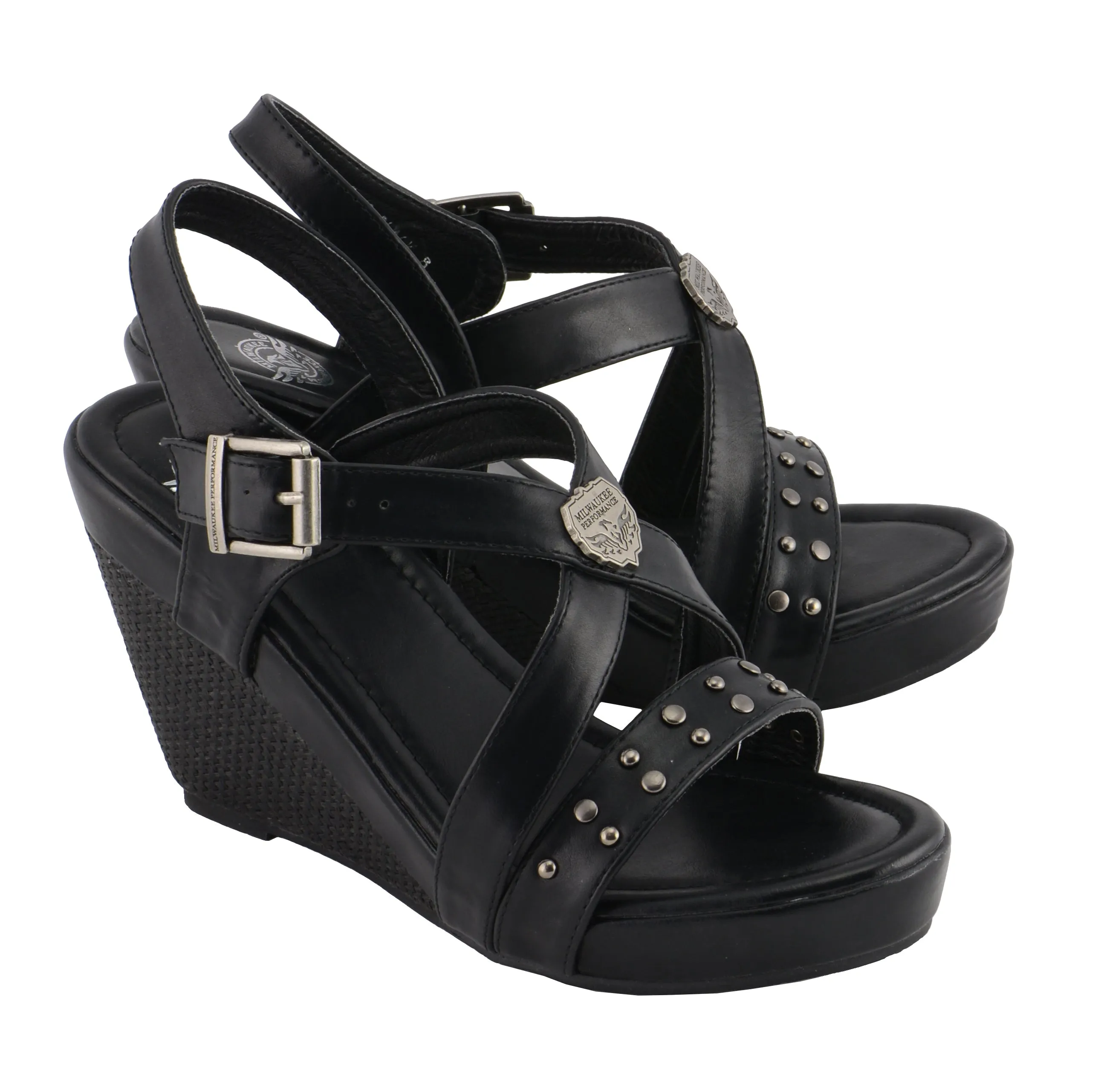 Ladies Triple Strap Studded Wedge Sandal