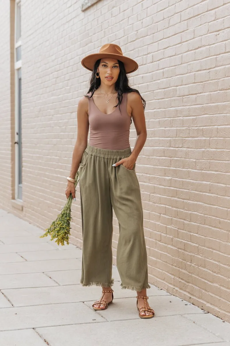 Light Olive Frayed Linen Wide Leg Pants - FINAL SALE