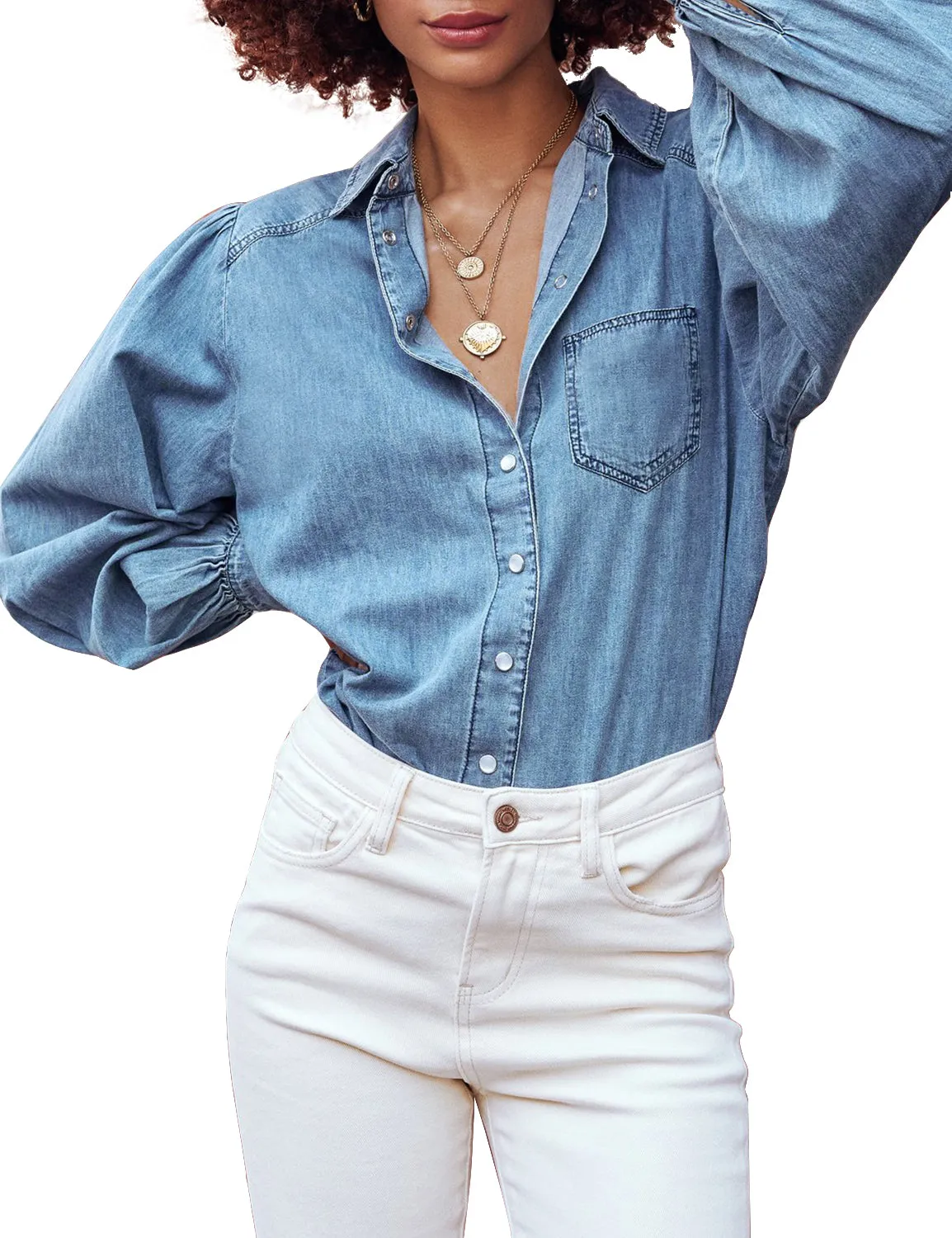 luvamia Women's Denim Shirt Collared Button Down Shirts Puff Long Sleeve Tops