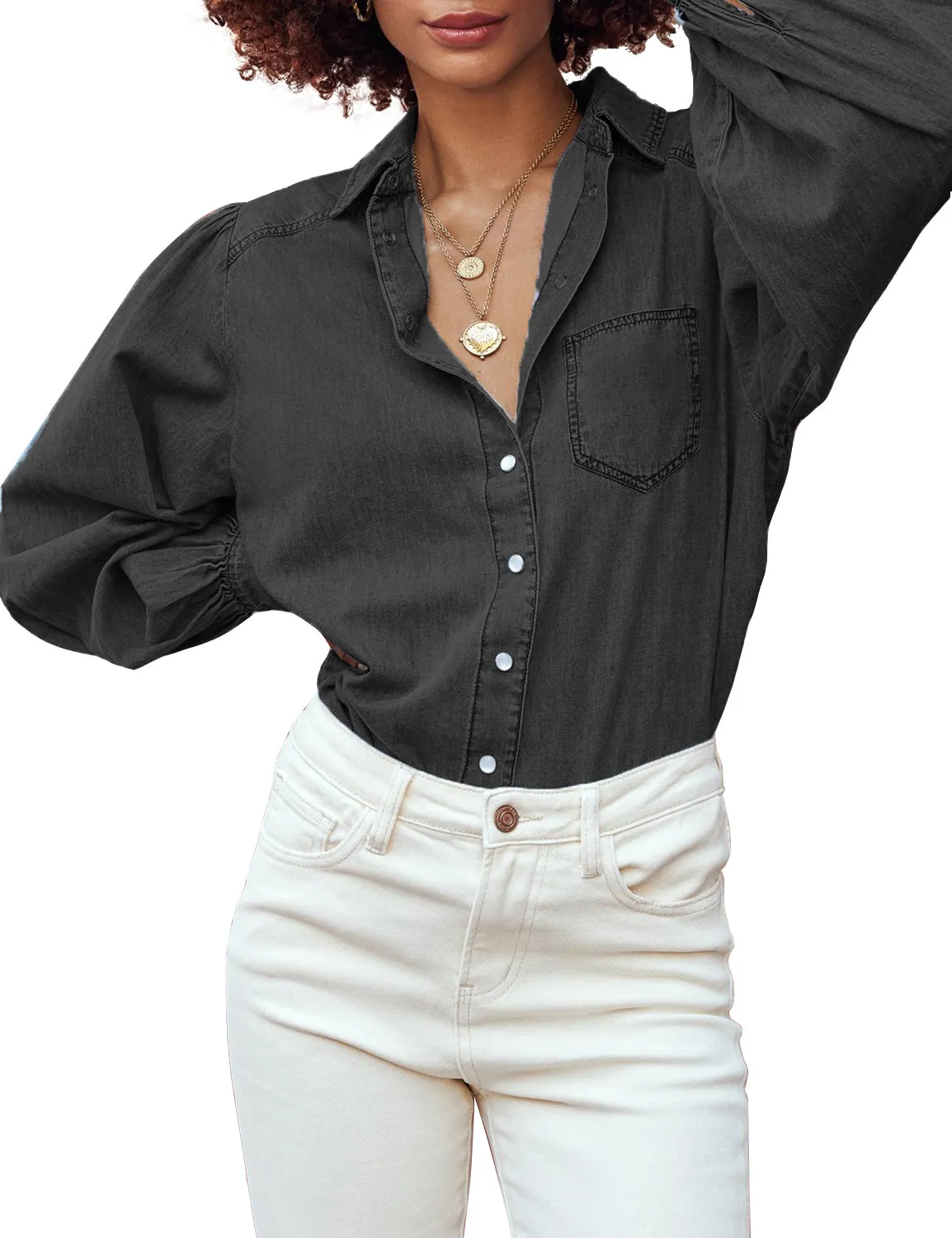 luvamia Women's Denim Shirt Collared Button Down Shirts Puff Long Sleeve Tops