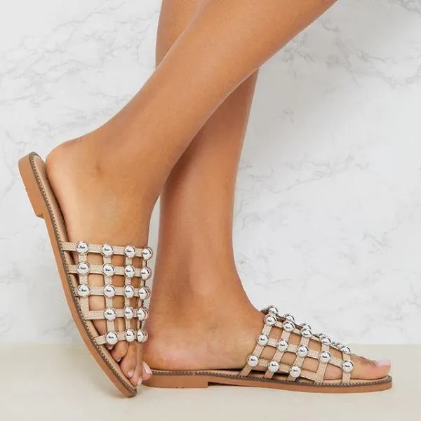 MADISON STUDDED CAGED NUDE SLIDERS