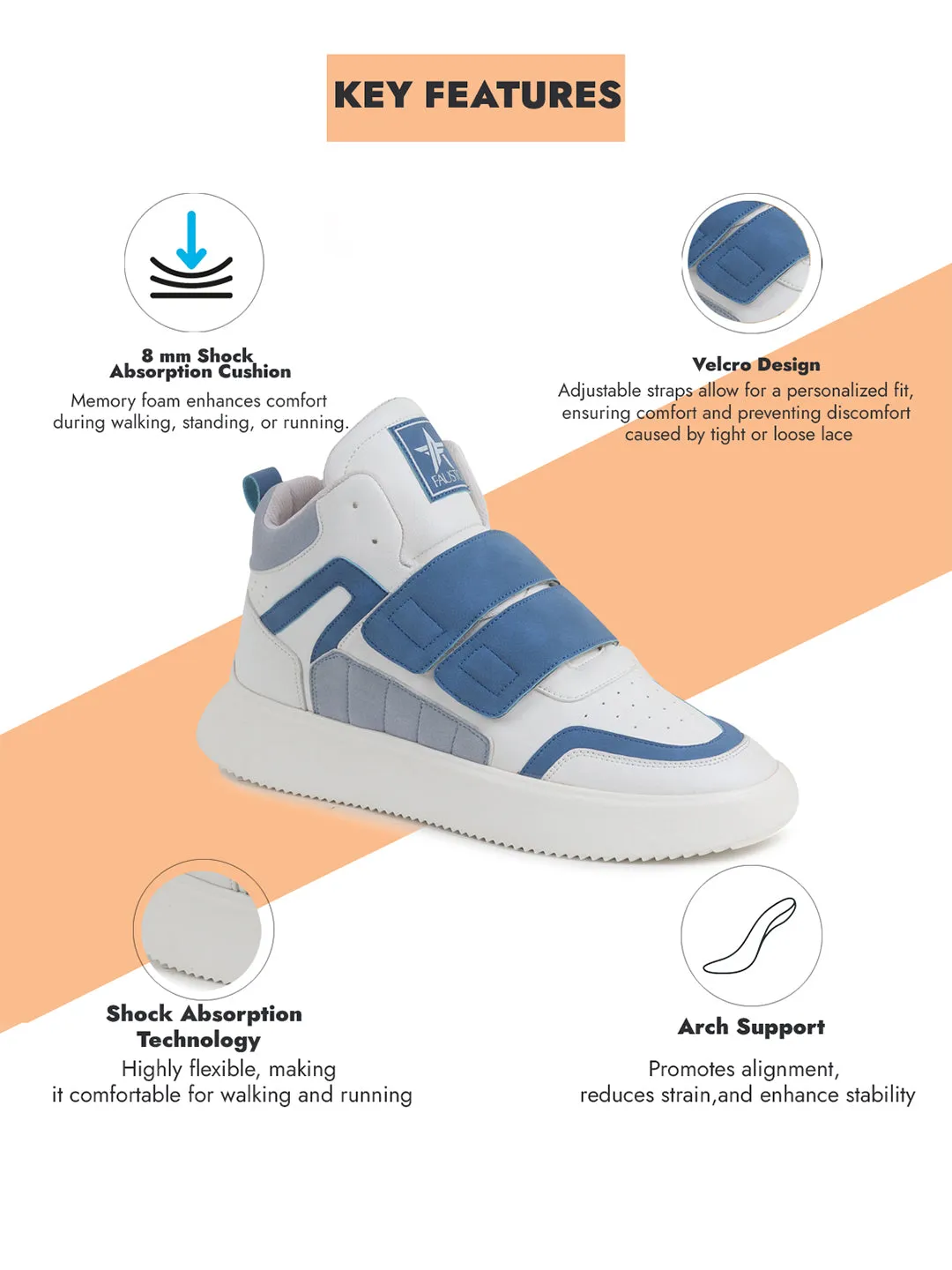 Men Blue Colorblocked High Top Velcro Adjustable Classic Sneakers|Memory Cushion Insole|Street Fashion Hi-Top Sneakers