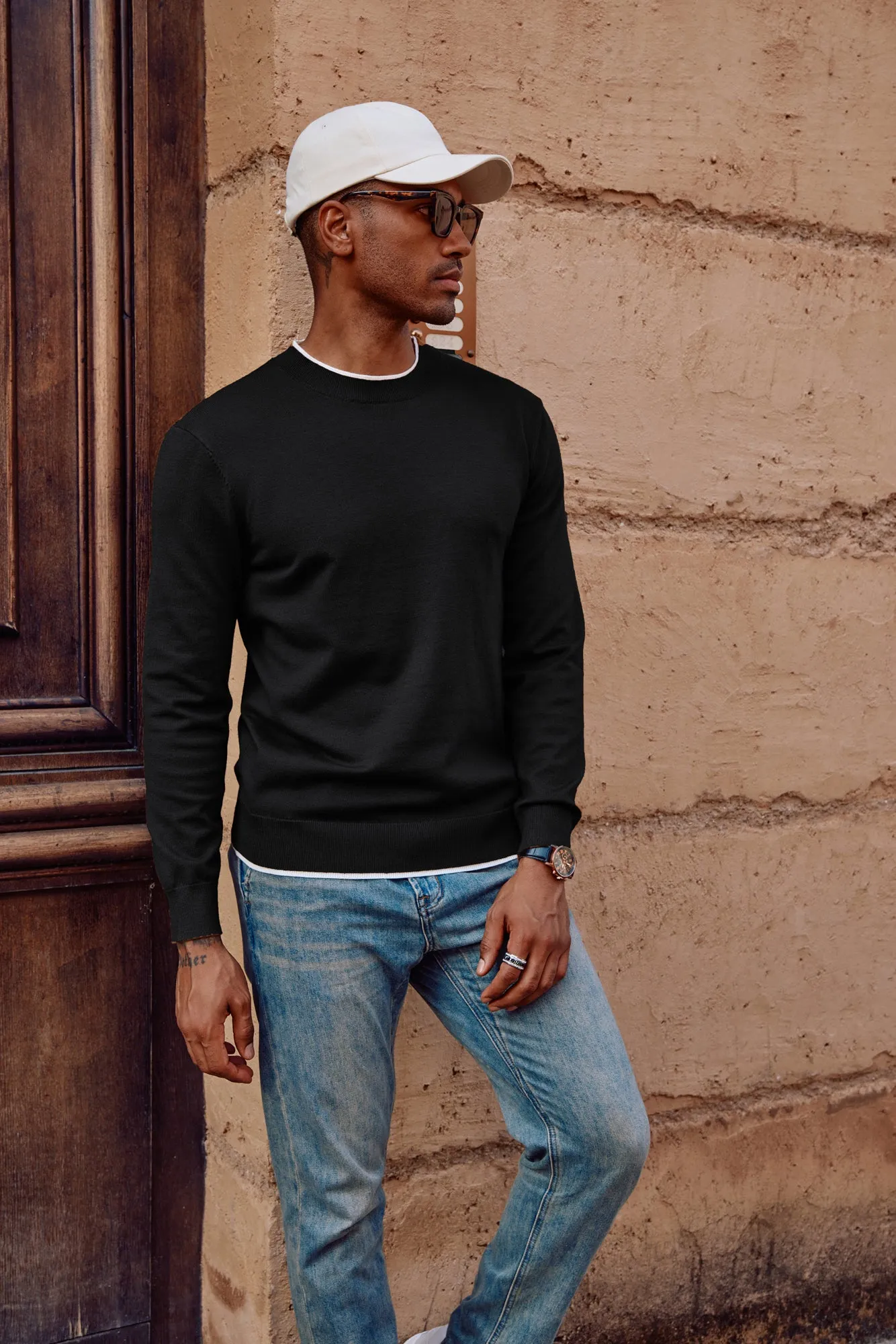 Men Contrast Color Sweater Long Sleeve Crew Neck Pullover Jumper