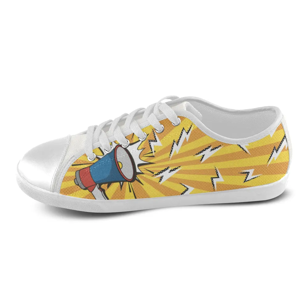 Men's Loud Speaker Pop Art Print Canvas Low Top Shoes (White)