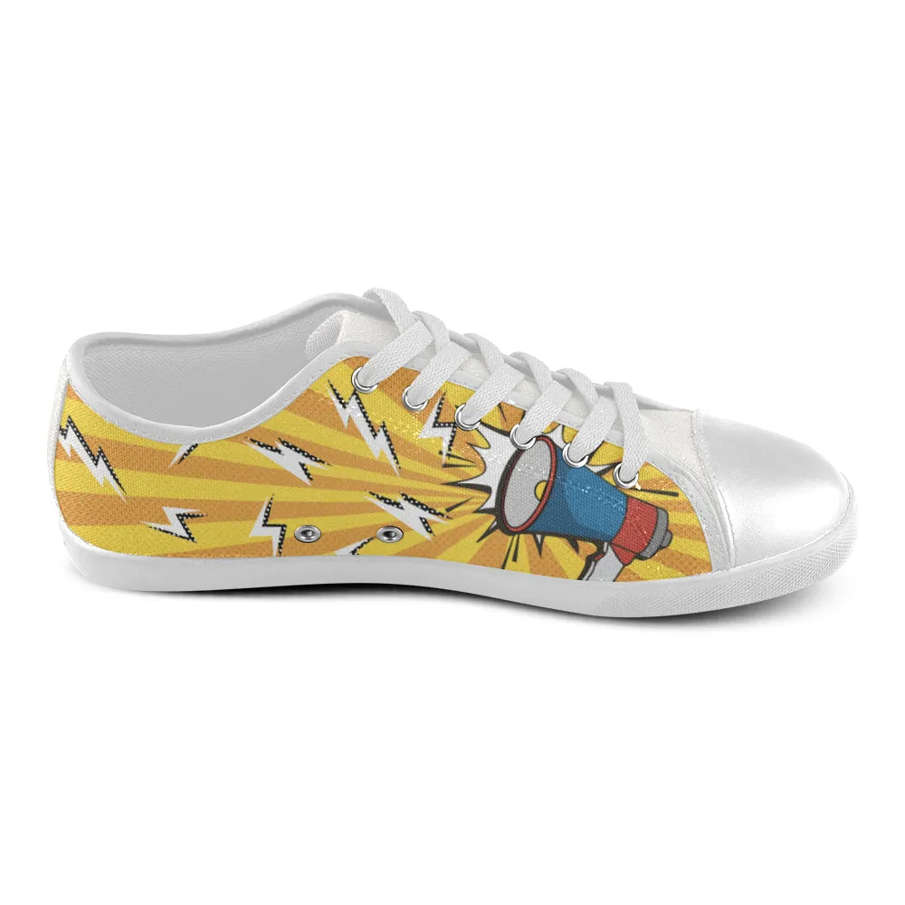 Men's Loud Speaker Pop Art Print Canvas Low Top Shoes (White)