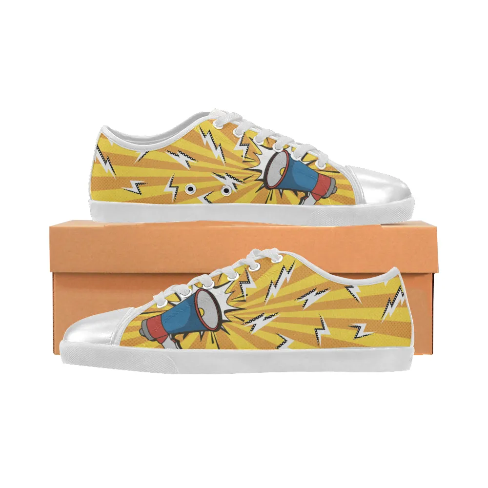 Men's Loud Speaker Pop Art Print Canvas Low Top Shoes (White)