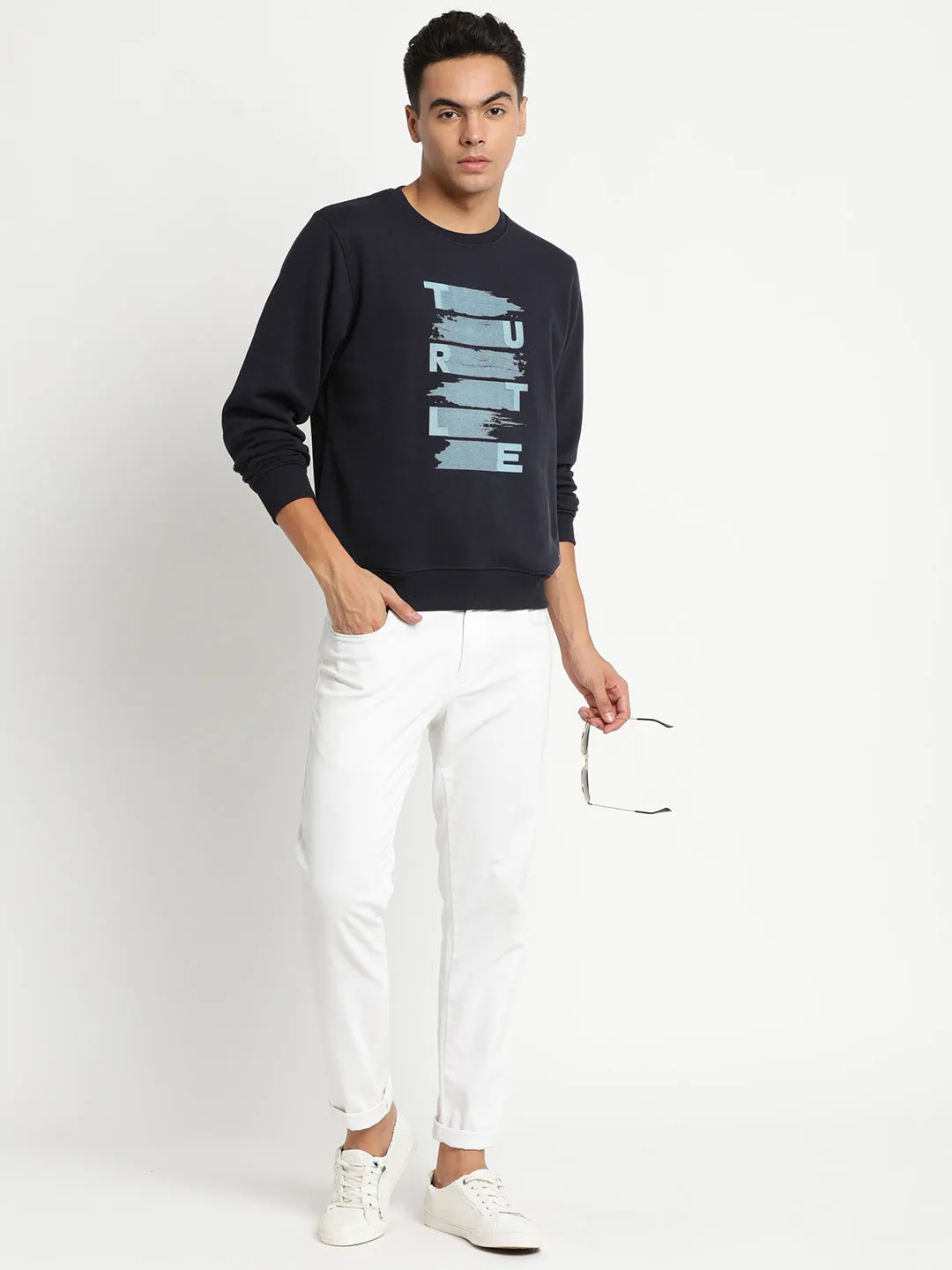 Navy Blue Printed Round Neck Polyester Cotton Sweatshirt