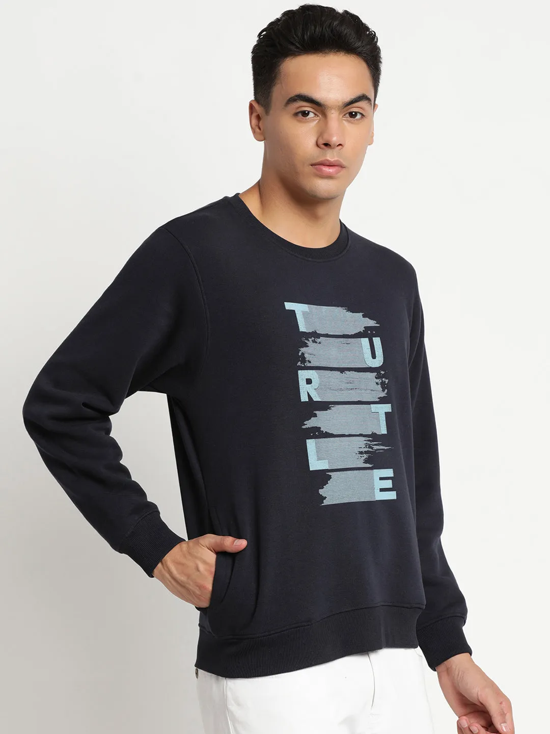 Navy Blue Printed Round Neck Polyester Cotton Sweatshirt