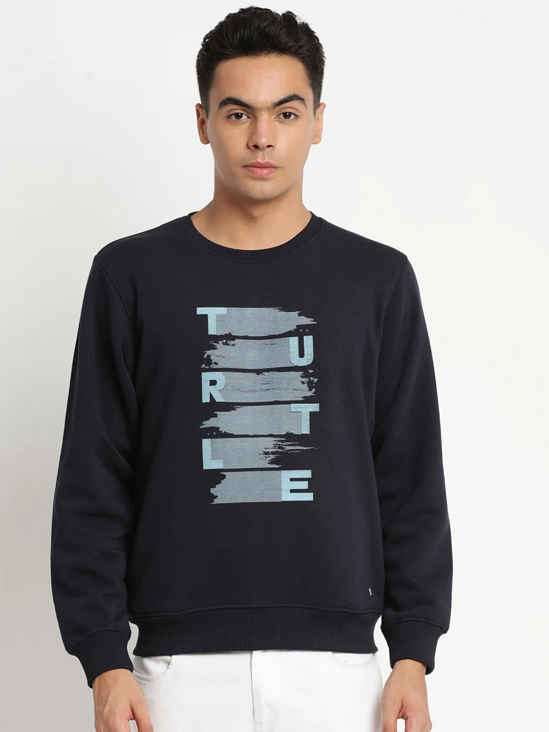 Navy Blue Printed Round Neck Polyester Cotton Sweatshirt