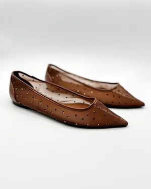 POINTED TOE RHINESTONE MESH FLATS IN BROWN