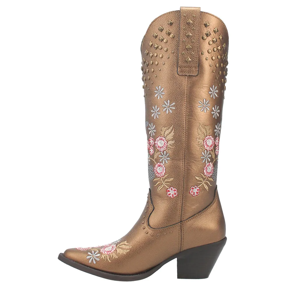 Poppy Floral Metallic Embroidery Studded Snip Toe Cowboy Boots