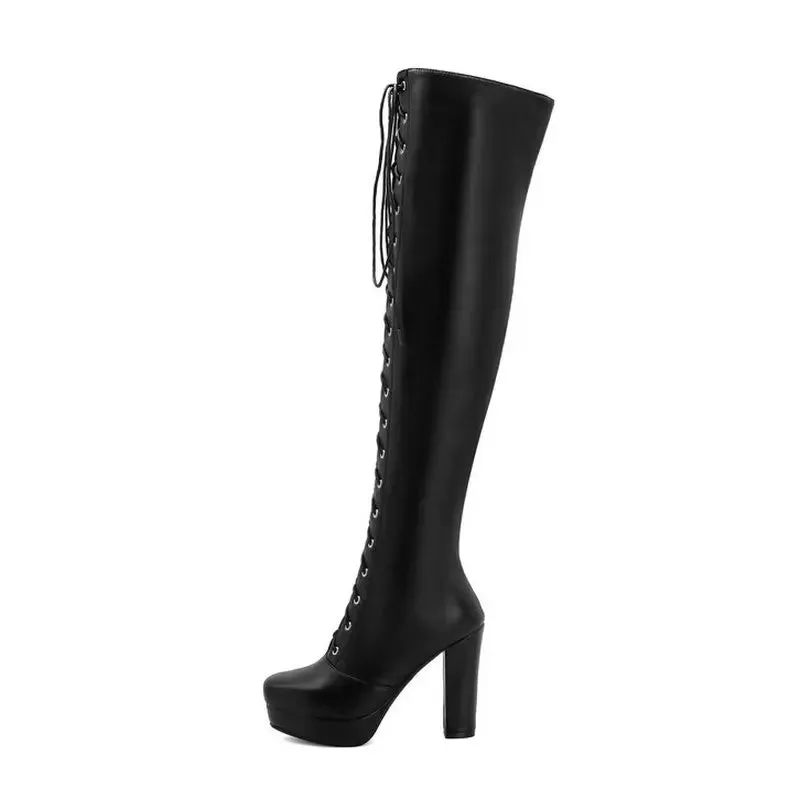 PU Leather Over the Knee Square Heel Platform Boots