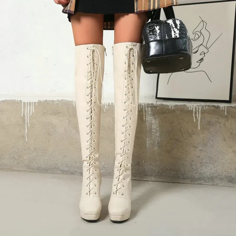 PU Leather Over the Knee Square Heel Platform Boots