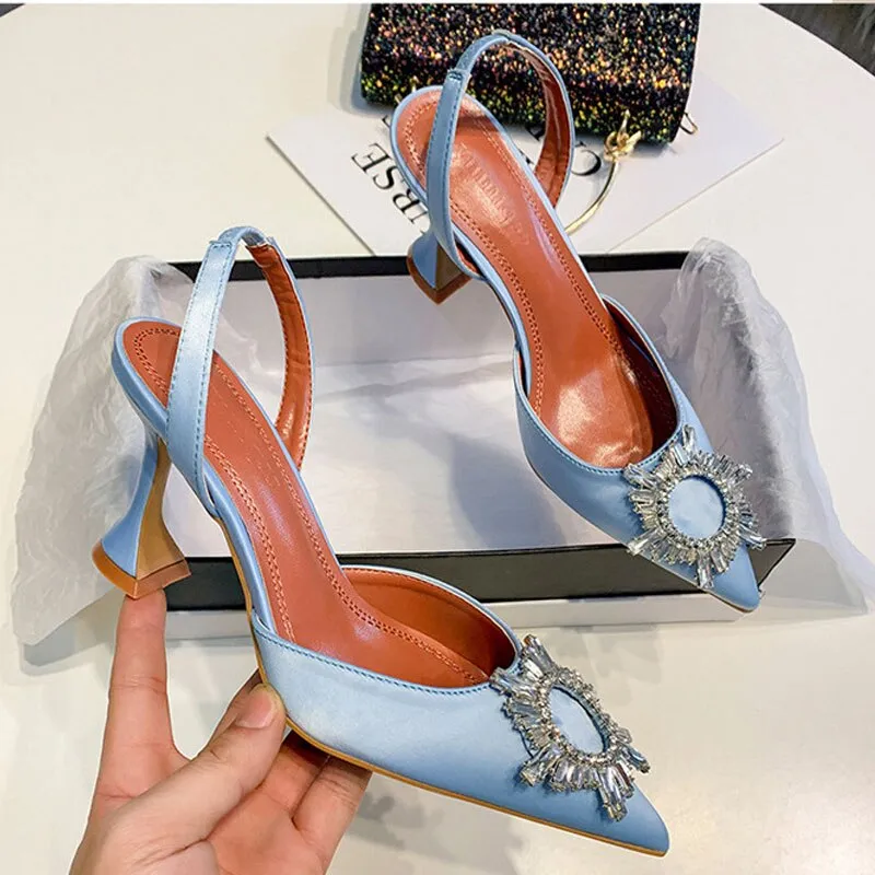 Purpdrank - New Satin Women High Heeled Sandals Elegant Pointed Toe Sunflower Crystal Buckle Embellish Studded Sandals Summer Wedding Shoes