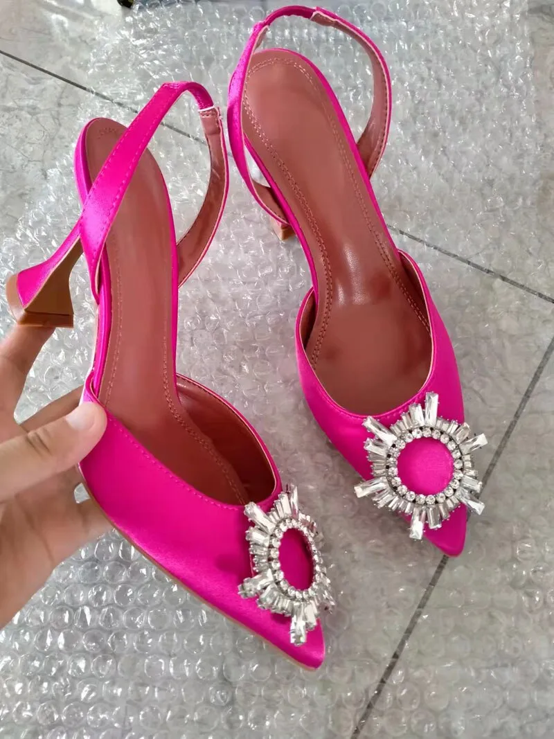 Purpdrank - New Satin Women High Heeled Sandals Elegant Pointed Toe Sunflower Crystal Buckle Embellish Studded Sandals Summer Wedding Shoes