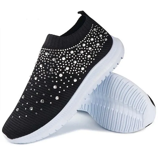 Purpdrank - Women's Sneakers Slip-Ons Plus Size Slip-on Sneakers Outdoor Daily Beach Summer Rhinestone Flat Heel Round Toe Classic Casual Walking Shoes Tissage Volant Loafer Color Block Rainebow Black White