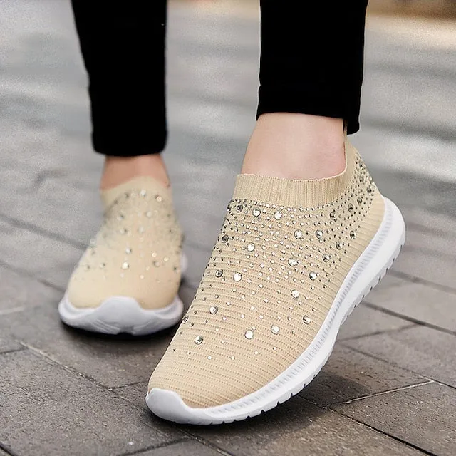 Purpdrank - Women's Sneakers Slip-Ons Plus Size Slip-on Sneakers Outdoor Daily Beach Summer Rhinestone Flat Heel Round Toe Classic Casual Walking Shoes Tissage Volant Loafer Color Block Rainebow Black White