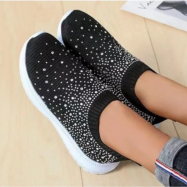 Purpdrank - Women's Sneakers Slip-Ons Plus Size Slip-on Sneakers Outdoor Daily Beach Summer Rhinestone Flat Heel Round Toe Classic Casual Walking Shoes Tissage Volant Loafer Color Block Rainebow Black White