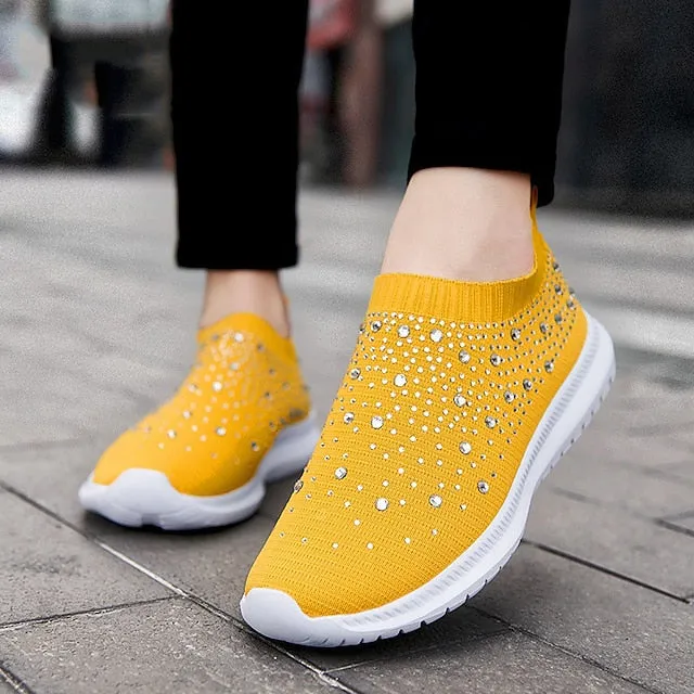 Purpdrank - Women's Sneakers Slip-Ons Plus Size Slip-on Sneakers Outdoor Daily Beach Summer Rhinestone Flat Heel Round Toe Classic Casual Walking Shoes Tissage Volant Loafer Color Block Rainebow Black White