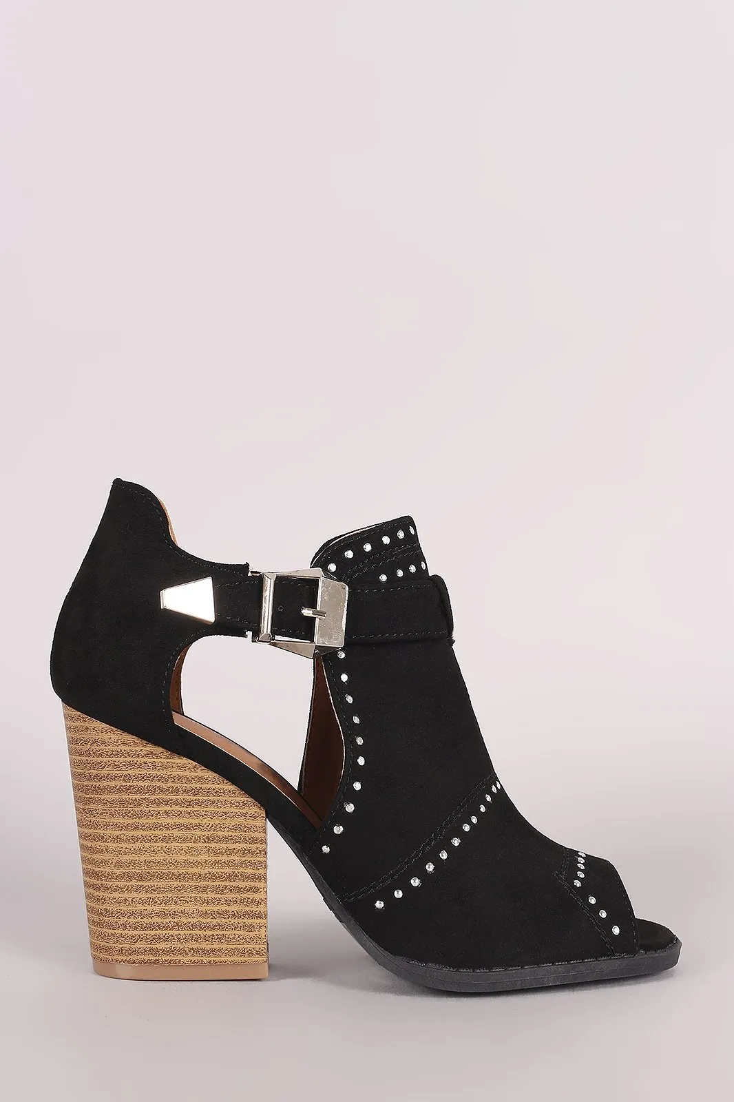 Qupid Suede Studded Peep Toe Stacked Chunky Heeled Booties