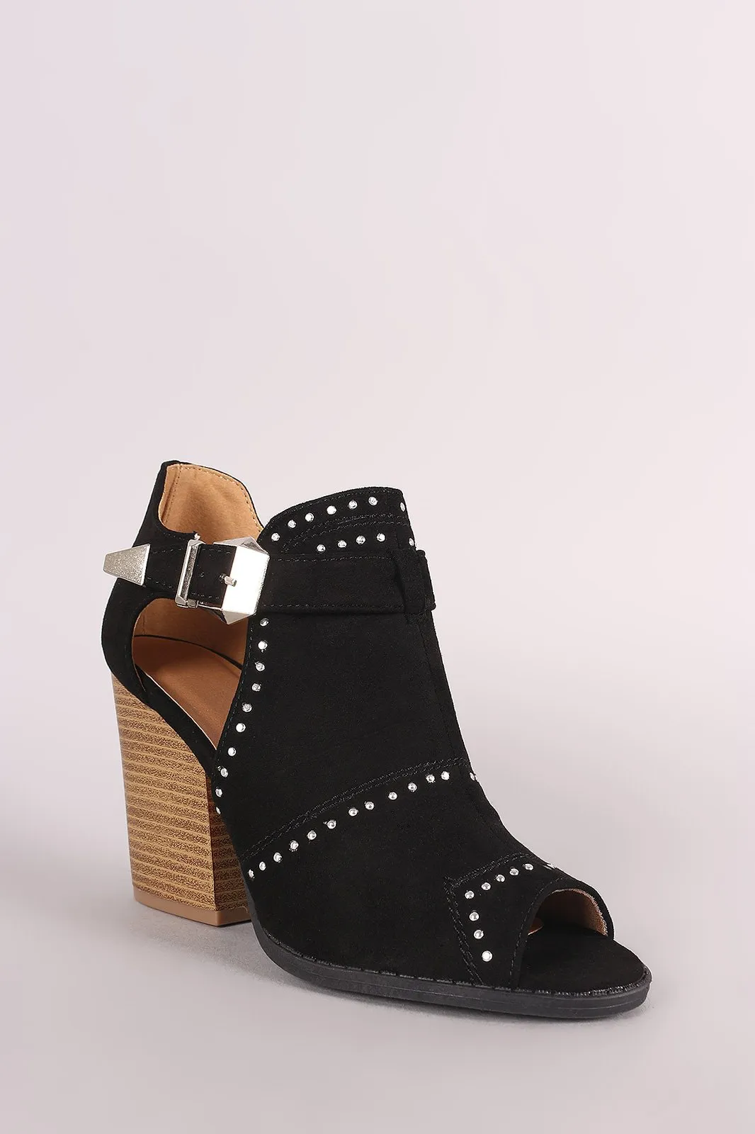 Qupid Suede Studded Peep Toe Stacked Chunky Heeled Booties