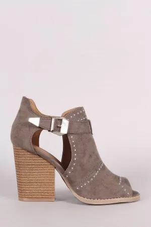 Qupid Suede Studded Peep Toe Stacked Chunky Heeled Booties