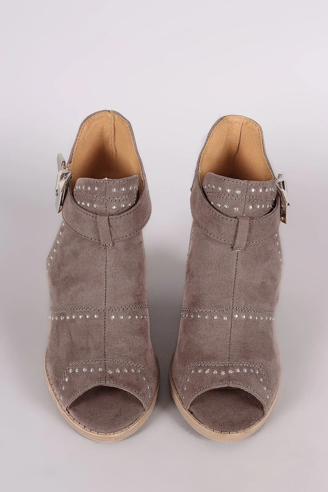 Qupid Suede Studded Peep Toe Stacked Chunky Heeled Booties