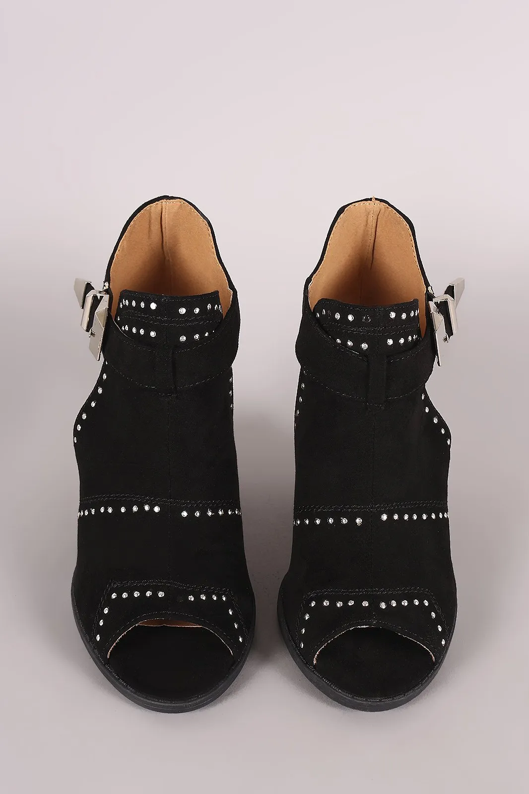 Qupid Suede Studded Peep Toe Stacked Chunky Heeled Booties