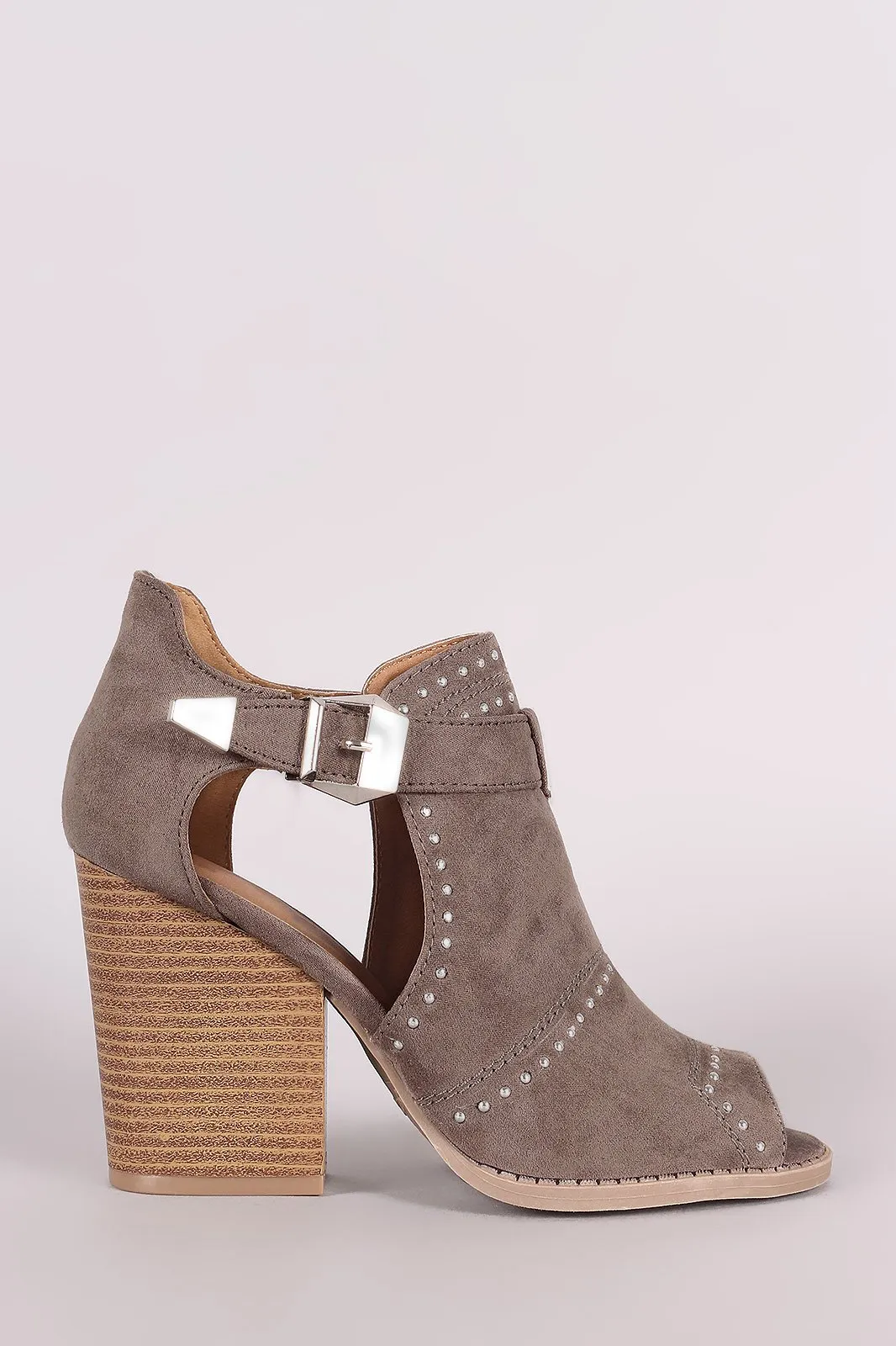 Qupid Suede Studded Peep Toe Stacked Chunky Heeled Booties