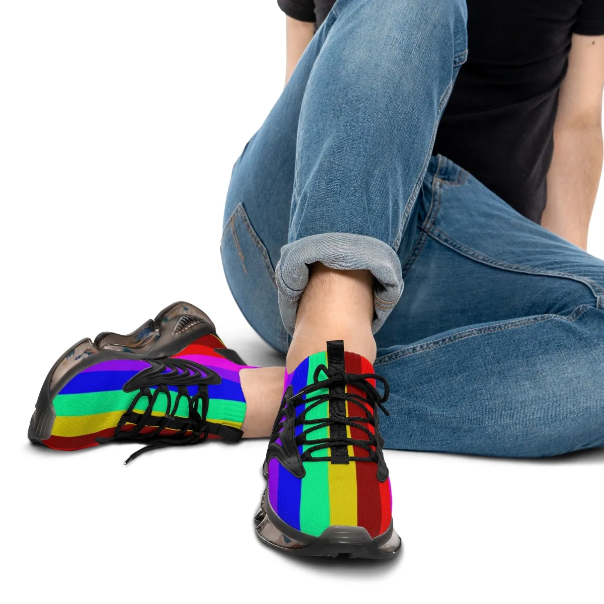 Rainbow Striped Print Men's Shoes, Gay Pride Fun Colorful Best Comfy Men's Mesh Sports Sneakers