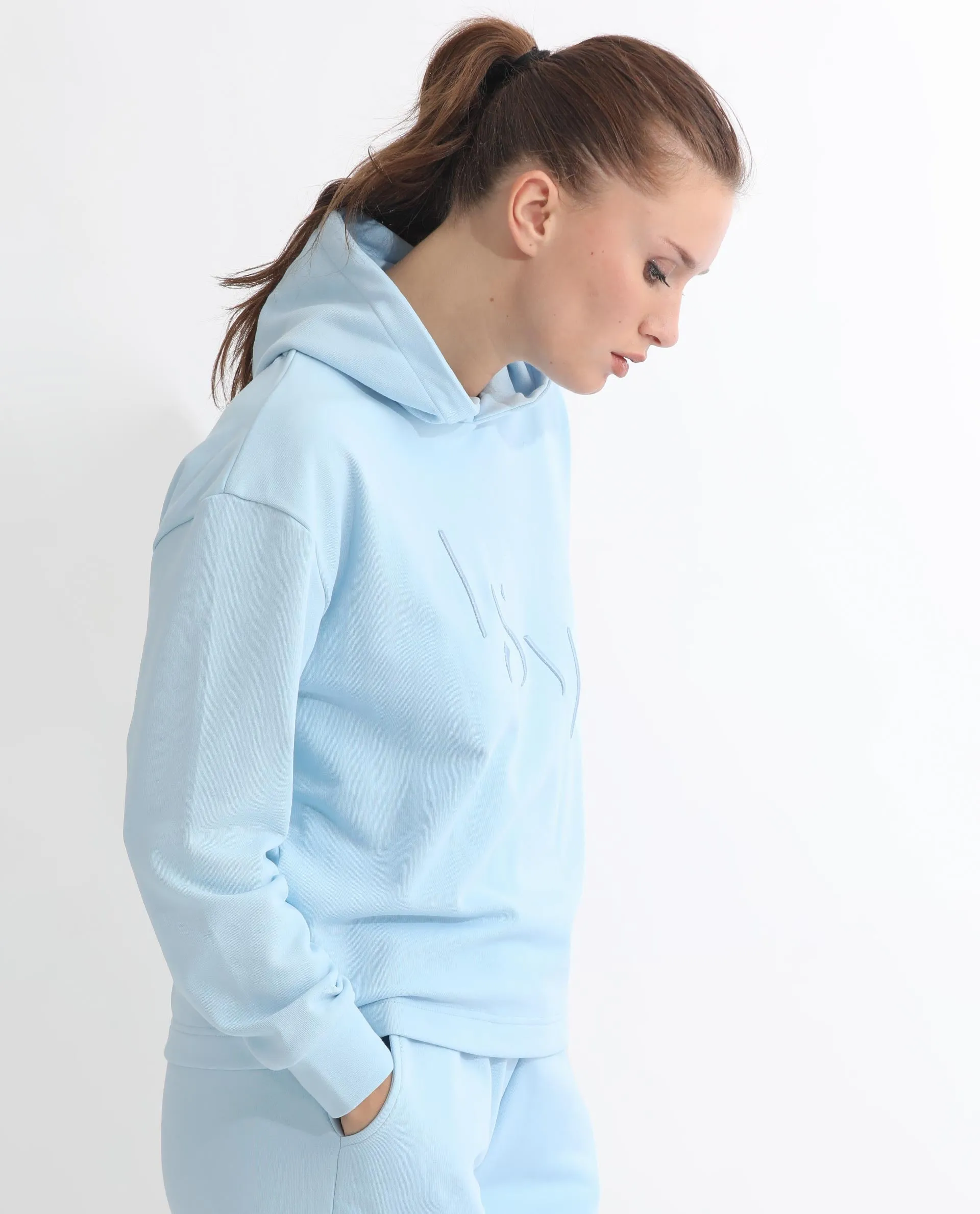 Rareism Articale Women Golder Light Blue Poly Cotton Fabric Full Sleeves Hooded Regular Fit Embroidered Sweatshirt