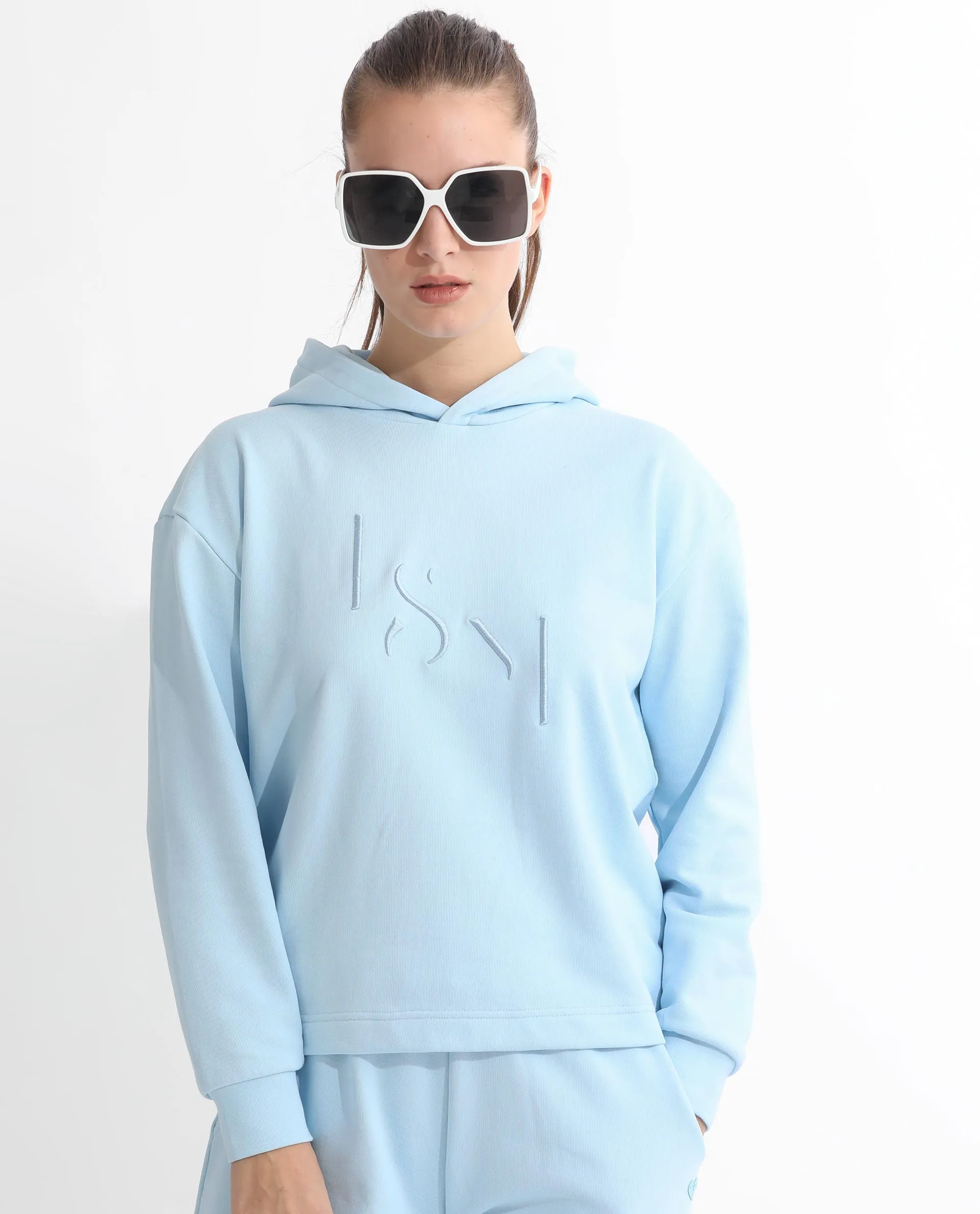 Rareism Articale Women Golder Light Blue Poly Cotton Fabric Full Sleeves Hooded Regular Fit Embroidered Sweatshirt