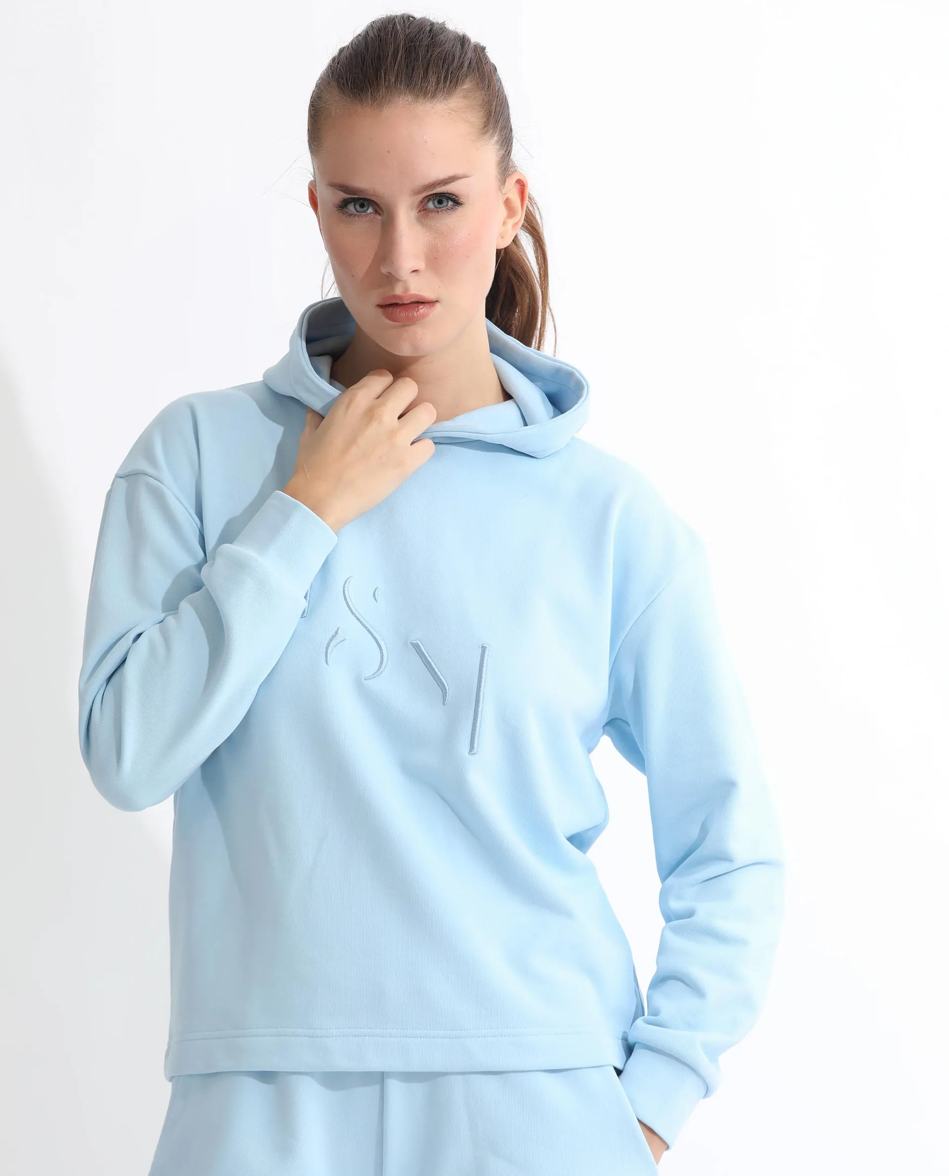 Rareism Articale Women Golder Light Blue Poly Cotton Fabric Full Sleeves Hooded Regular Fit Embroidered Sweatshirt