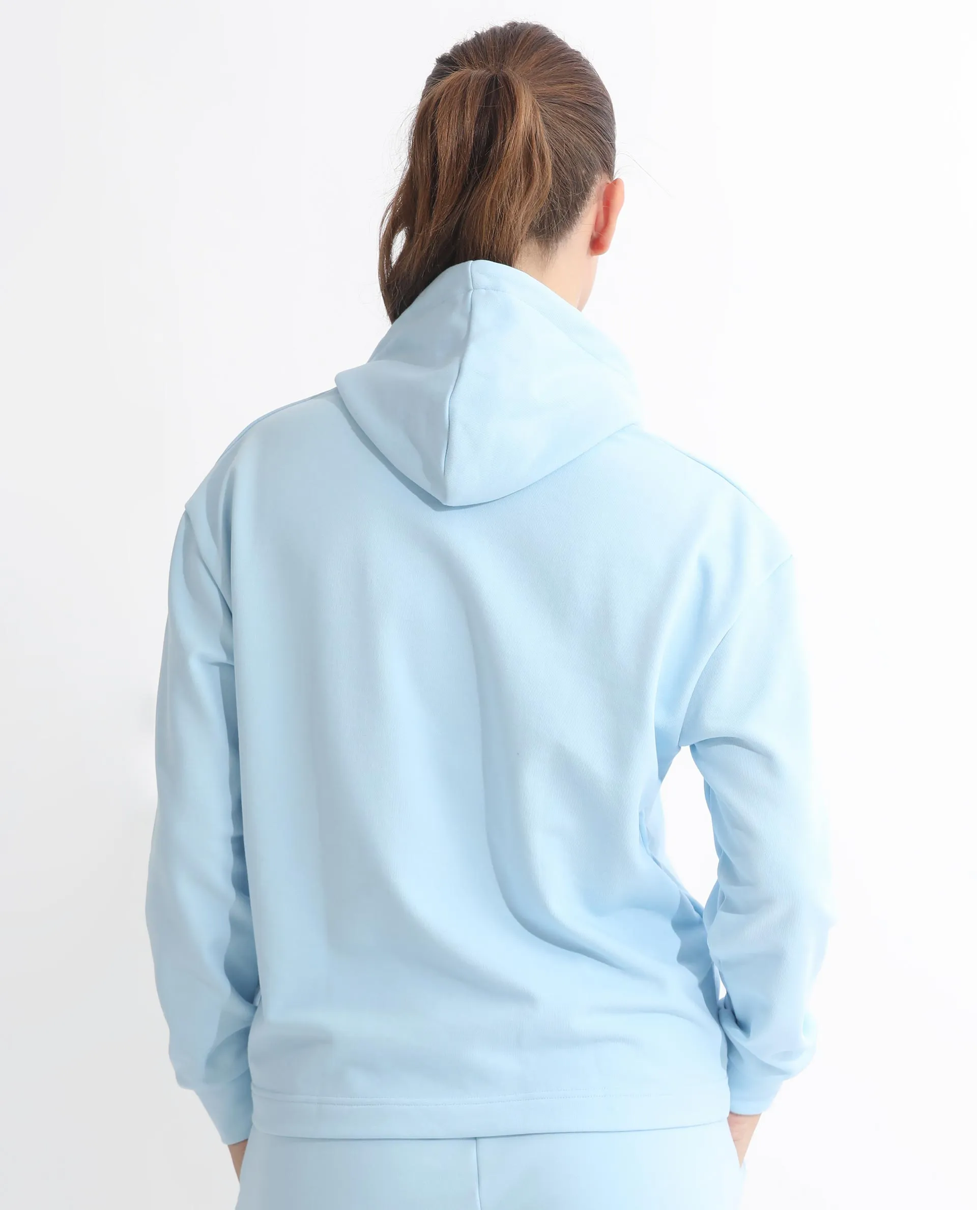 Rareism Articale Women Golder Light Blue Poly Cotton Fabric Full Sleeves Hooded Regular Fit Embroidered Sweatshirt