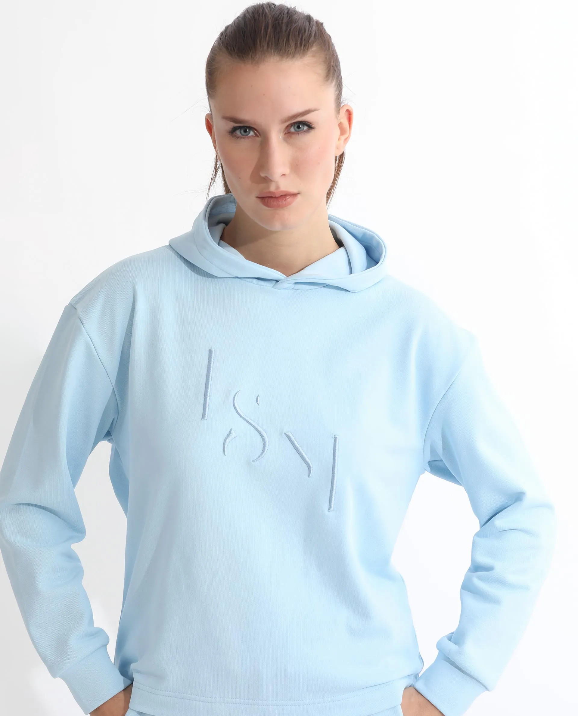 Rareism Articale Women Golder Light Blue Poly Cotton Fabric Full Sleeves Hooded Regular Fit Embroidered Sweatshirt