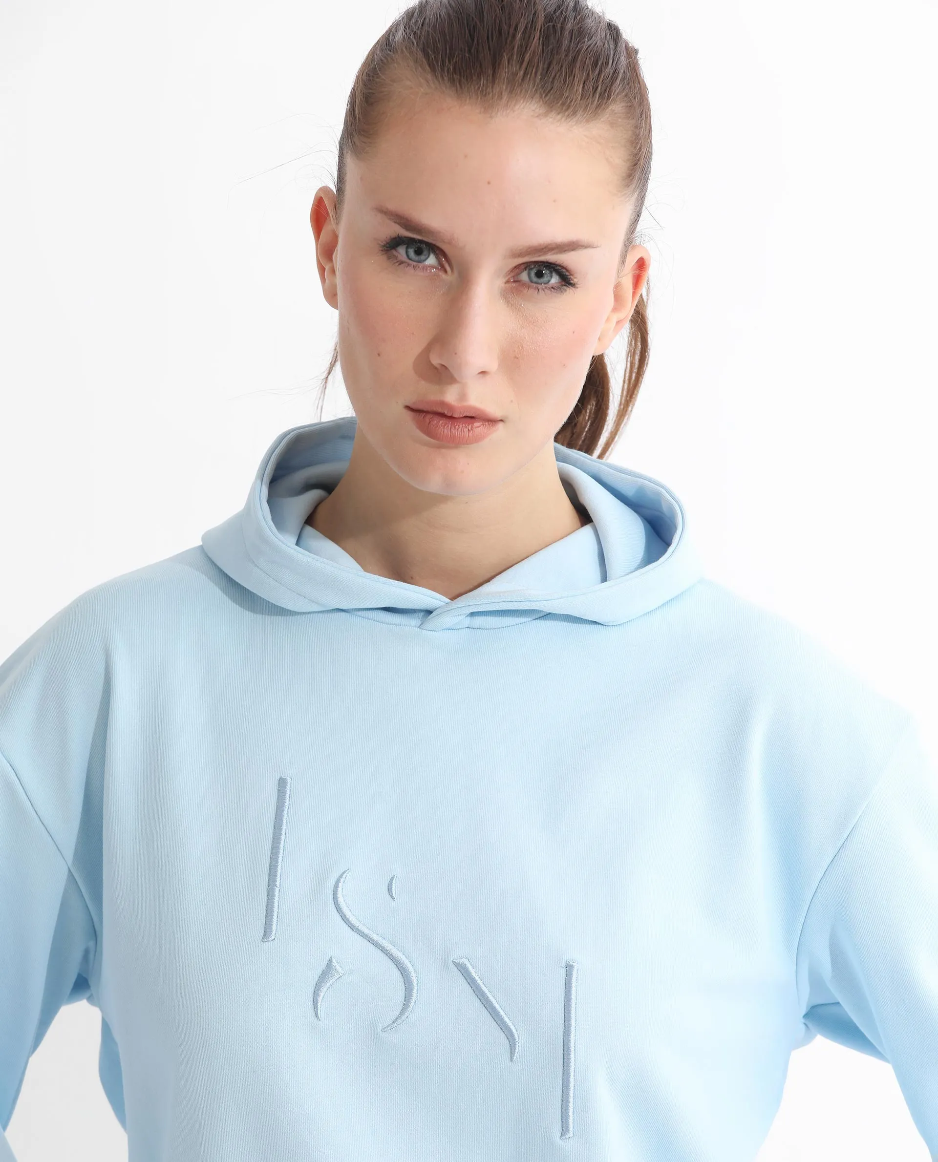 Rareism Articale Women Golder Light Blue Poly Cotton Fabric Full Sleeves Hooded Regular Fit Embroidered Sweatshirt