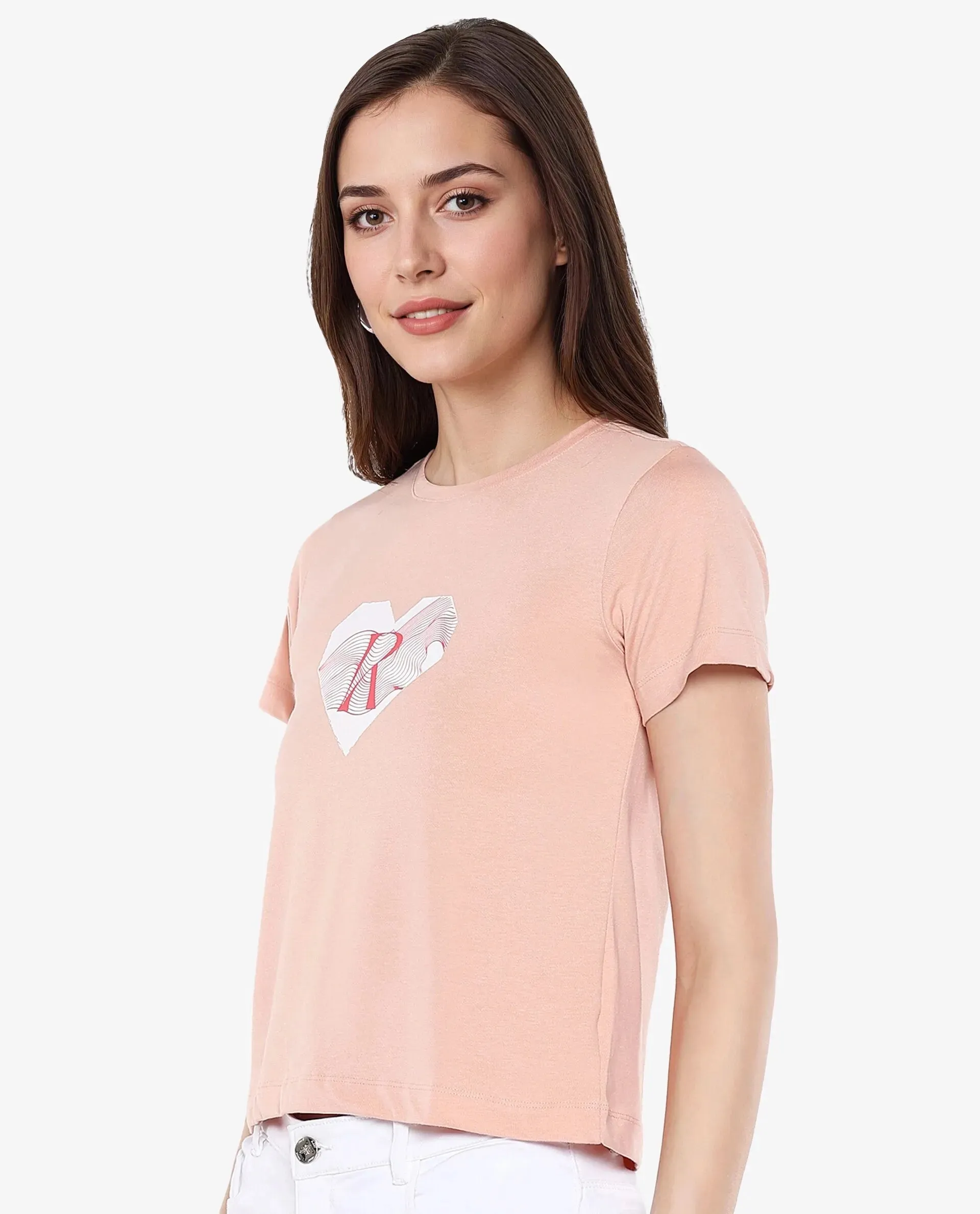 Rareism Women Lee Light Peach Cotton Poly Fabric Short Sleeve Crew Neck Solid T-Shirt